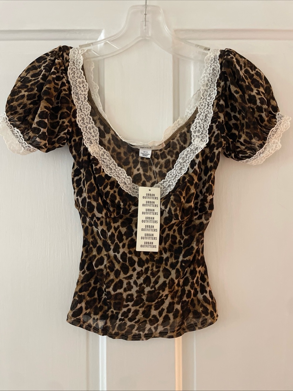Kimchi Blue Urban Outfitters Leopard Mesh Lace Puff Sleeve Top XS NWT Y2K